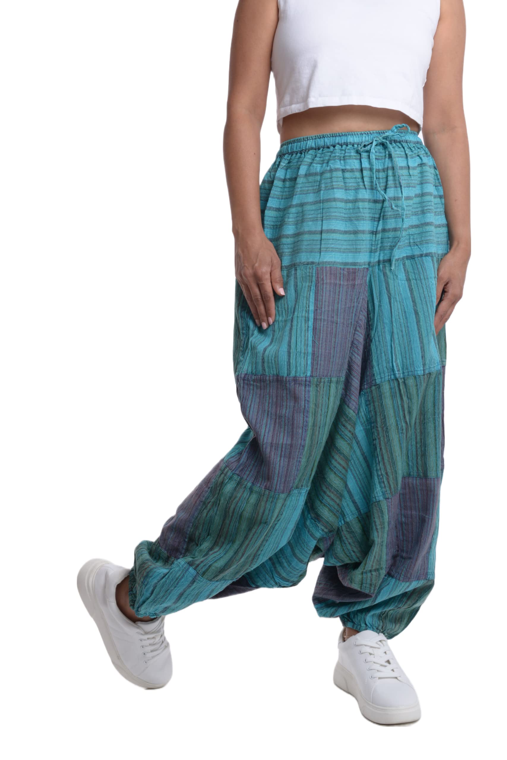 PEACH PEBBLE Harem Pants Unisex, Hippie 100% Cotton Soft Yoga Boho Trousers, Hippie Colorful Patchwork Pants Men Women Casual Fashion Aladdin Dhoti Stoned Washed Drop Crotch pare Cotton - Blue Turtle