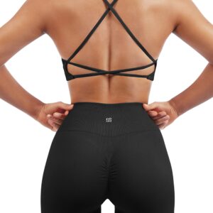 SUUKSESS Women Seamless 2 piece Workout Sets Strappy Padded Sports Bra Booty High Waisted Shorts Outfits (Black,M)