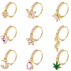 Sanfenly 9Pcs Dangle Nose Rings Hoops for Women Men 20G Stainless Steel Nose Piercing Jewelry Pink CZ Heart Moon Butterfly Dangling Nose Hoops Gold, Silver Tone