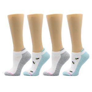 dr. motion 4 pairs womens low cut cushioned breathable compression ankle socks with arch support (white blue bees)