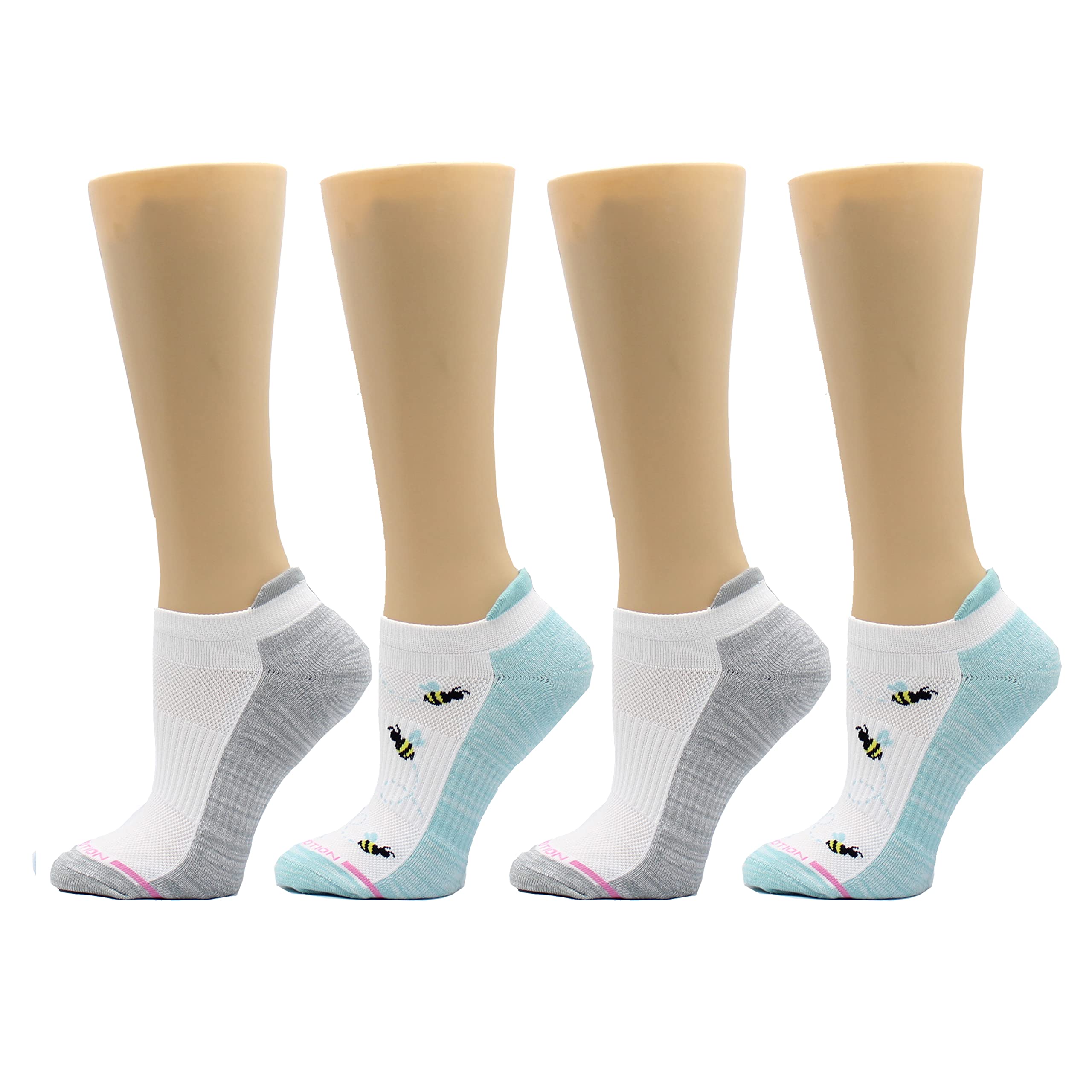 Dr. Motion 4 Pairs Womens Low Cut Cushioned Breathable Compression Ankle Socks with Arch Support (White Blue Bees)