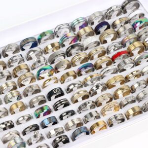 juanmaojuan 50Pcs/Lot Fashion Stainless Steel Heart Rhinestone Band Rings For Women Men Mix Style Party Jewelry Wholesale (Mix Size 7-12)