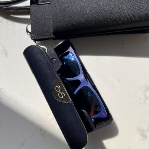 EYECARRY Deep Navy Eyeglasses Case, Soft Vegan Leather Glasses Holder, Patented Open Face Design For Easy One-Handed Access, Hard Shell Case For Men or Women Sunglasses, Reading Glasses & More