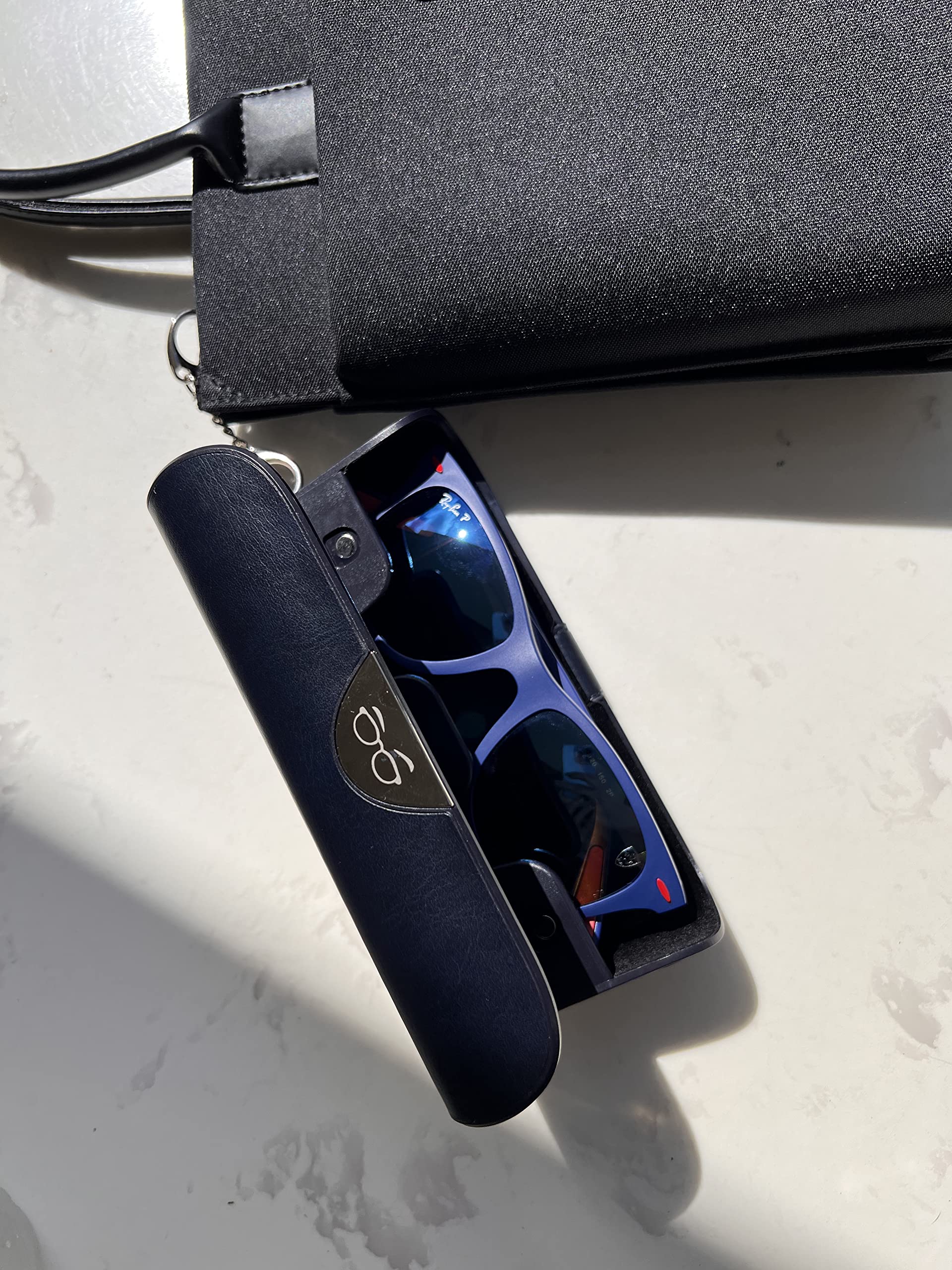 EYECARRY Deep Navy Eyeglasses Case, Soft Vegan Leather Glasses Holder, Patented Open Face Design For Easy One-Handed Access, Hard Shell Case For Men or Women Sunglasses, Reading Glasses & More