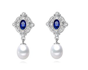 charming white freshwater cultured pearl dangle earrings aaaa quality with blue crystals in sterling silver - premiumpearl