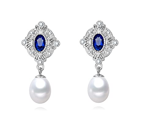 Charming White Freshwater Cultured Pearl Dangle Earrings AAAA Quality with Blue Crystals in Sterling Silver - PremiumPearl