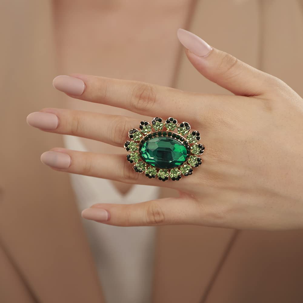 YERTTER Antique Gold Green Crystal Women Statement Ring Rhinestone Oval Ring Exaggerated Cocktail Ring Vintage Crystal Ring for Women Girls(Green）