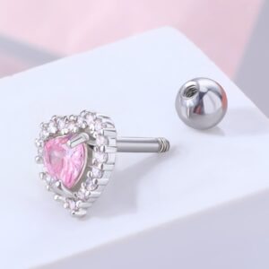 OUFER 16G Helix Earrings, Heart Shiny Clear CZ Helix Piercing Jewelry, 316L Surgical Steel Cartilage Earrings, Tragus Daith Rook Sung Lobe Piercing Jewelry For Women And Men-Pink CZ