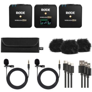 rØde wireless go ii dual channel wireless system with built-in microphones with analogue and digital usb outputs, with 2x transmitter, bundle with 2x turnstile audio lavalier microphone