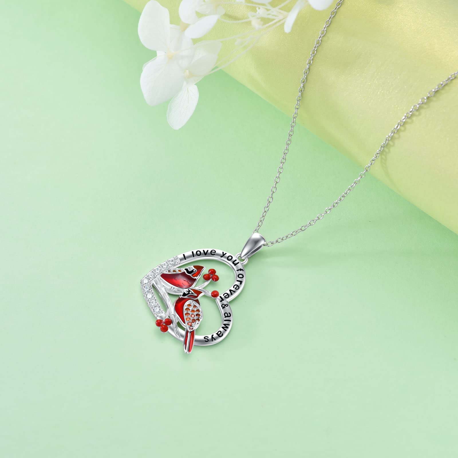 LONAGO Red Cardinal Necklace Sterling Silver Two Cardinals Heart Necklace Present for Women