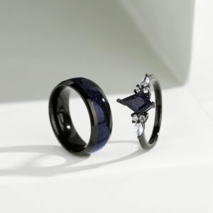 Blue Sandstone Promise Ring - Black Engagement Rings for Women, Rings for Couples Plated with Rhodium