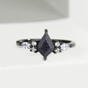 Blue Sandstone Promise Ring - Black Engagement Rings for Women, Rings for Couples Plated with Rhodium