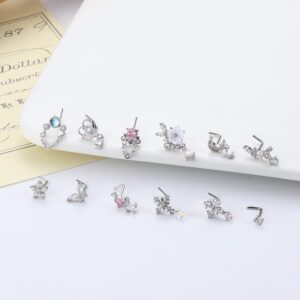 THUNARAZ 12Pcs 20G Dangle Nose Rings Studs L Shaped for Women Stainless Steel Nose Studs Cross CZ Butterfly Heart Flower Dangling Nose Piercing Jewelry