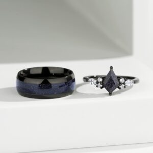 Blue Sandstone Promise Ring - Black Engagement Rings for Women, Rings for Couples Plated with Rhodium