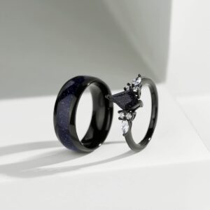 Blue Sandstone Promise Ring - Black Engagement Rings for Women, Rings for Couples Plated with Rhodium