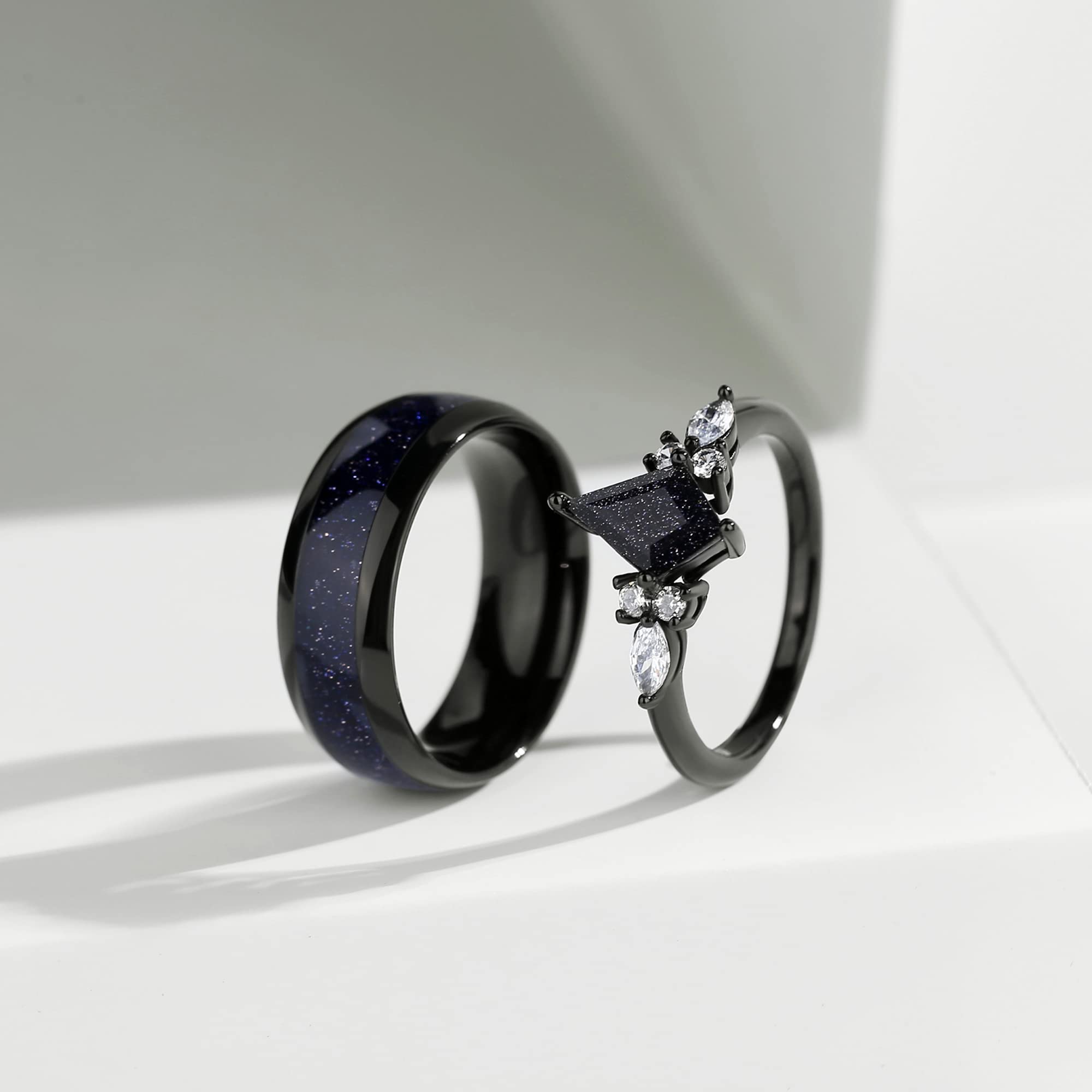 Blue Sandstone Promise Ring - Black Engagement Rings for Women, Rings for Couples Plated with Rhodium