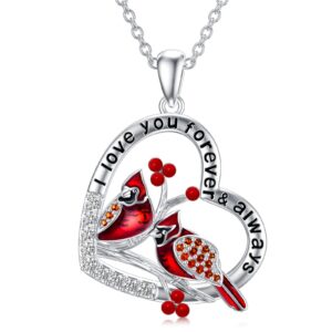 LONAGO Red Cardinal Necklace Sterling Silver Two Cardinals Heart Necklace Present for Women