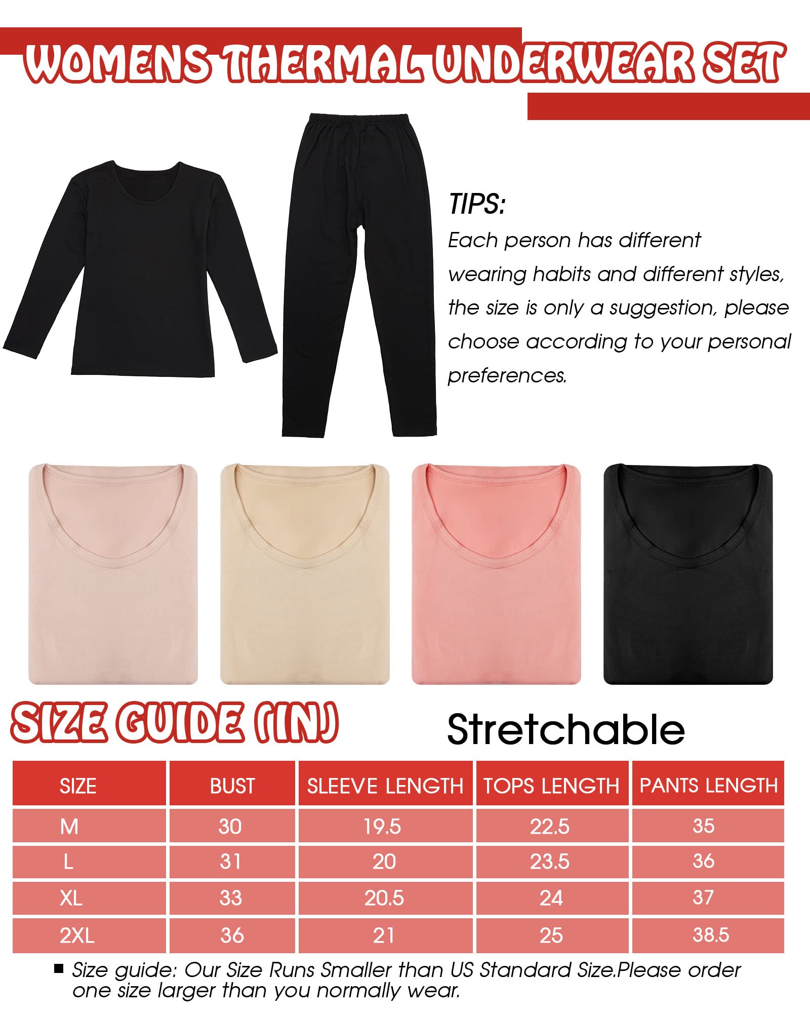 Taiyin 4 Pieces Fleece Lined Thermal Underwear Set for Women Long Johns Base Layer Winter Cold Weather Soft Warm Top Bottom (X-Large)