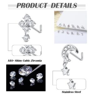 THUNARAZ 12Pcs 20G Dangle Nose Rings Studs L Shaped for Women Stainless Steel Nose Studs Cross CZ Butterfly Heart Flower Dangling Nose Piercing Jewelry