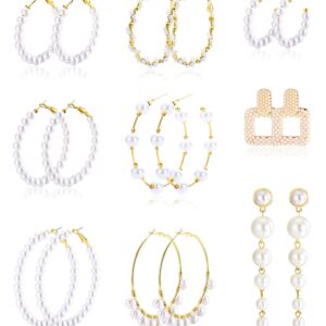 Sanfenly 9 Pairs Pearl Earrings Set for Women Faux Pearl Hoop Earrings Pearl Dangle Gold Plated Lightweight Drop Earrings Open Large Circle Round Pearl Earrings Jewelry Birthday Gift