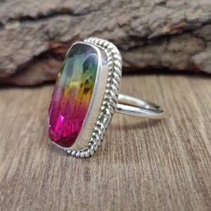 Boho Ring, Watermelon Tourmaline Ring, Rings for Women, 925 Solid Sterling Silver Ring, Tourmaline Quartz Ring, Handmade Jewelry, Statement Ring, Gift for Her (8)