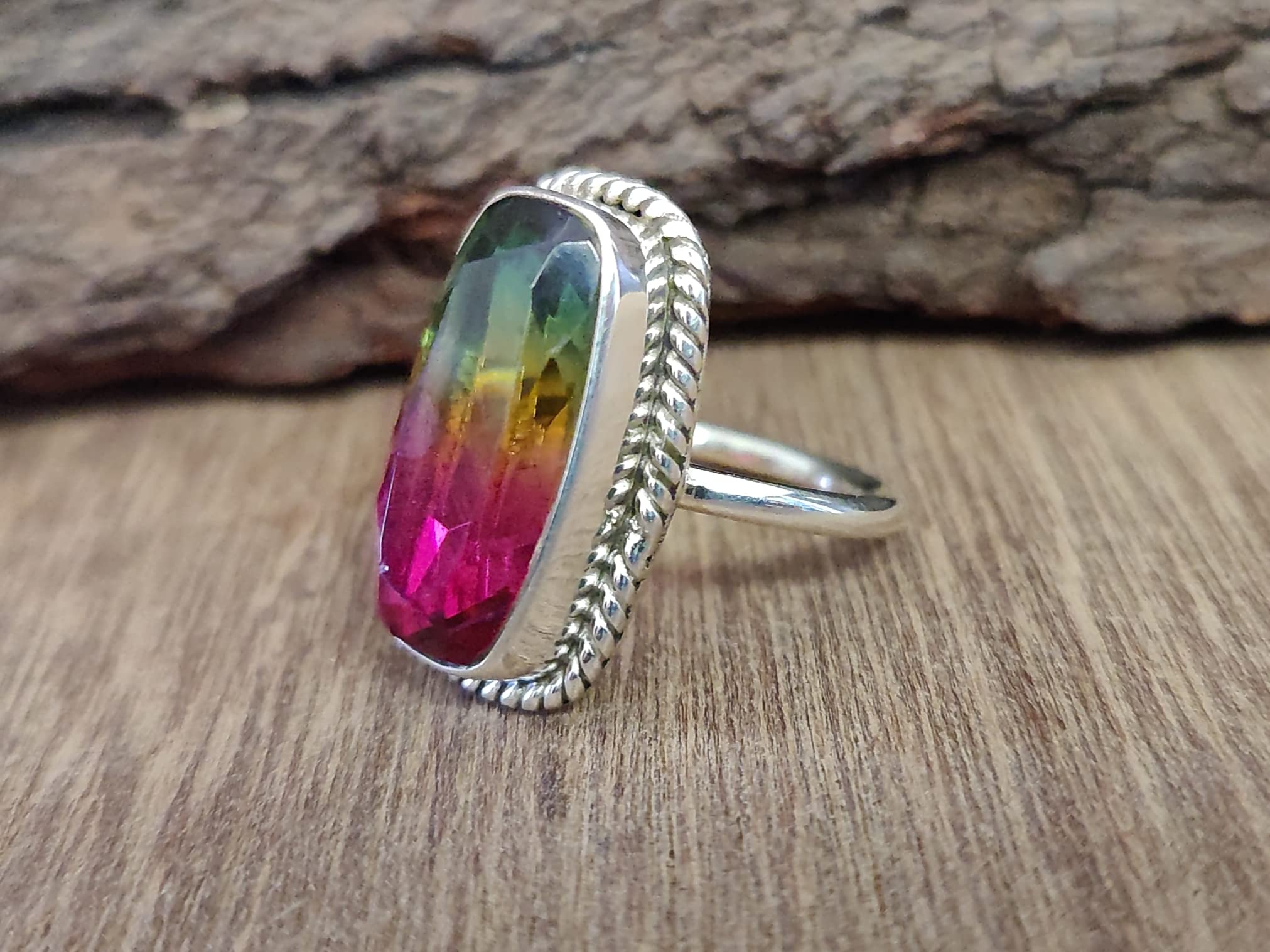 Boho Ring, Watermelon Tourmaline Ring, Rings for Women, 925 Solid Sterling Silver Ring, Tourmaline Quartz Ring, Handmade Jewelry, Statement Ring, Gift for Her (8)