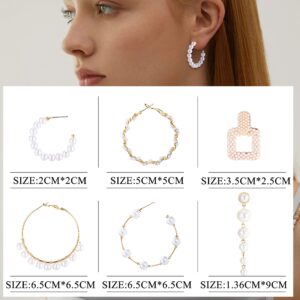 Sanfenly 9 Pairs Pearl Earrings Set for Women Faux Pearl Hoop Earrings Pearl Dangle Gold Plated Lightweight Drop Earrings Open Large Circle Round Pearl Earrings Jewelry Birthday Gift