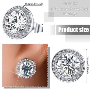 24 Pairs 15 mm Rhinestone Dance Earrings Competition Silver Crystals Stud Earrings Round Cut Cubic Zirconia Rhinestone Halo Stud Earrings for Women Stage Performance Bridal Party