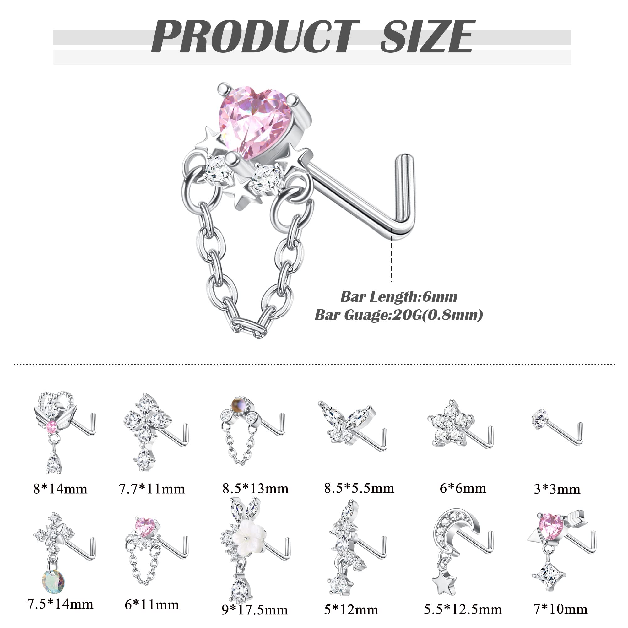 THUNARAZ 12Pcs 20G Dangle Nose Rings Studs L Shaped for Women Stainless Steel Nose Studs Cross CZ Butterfly Heart Flower Dangling Nose Piercing Jewelry