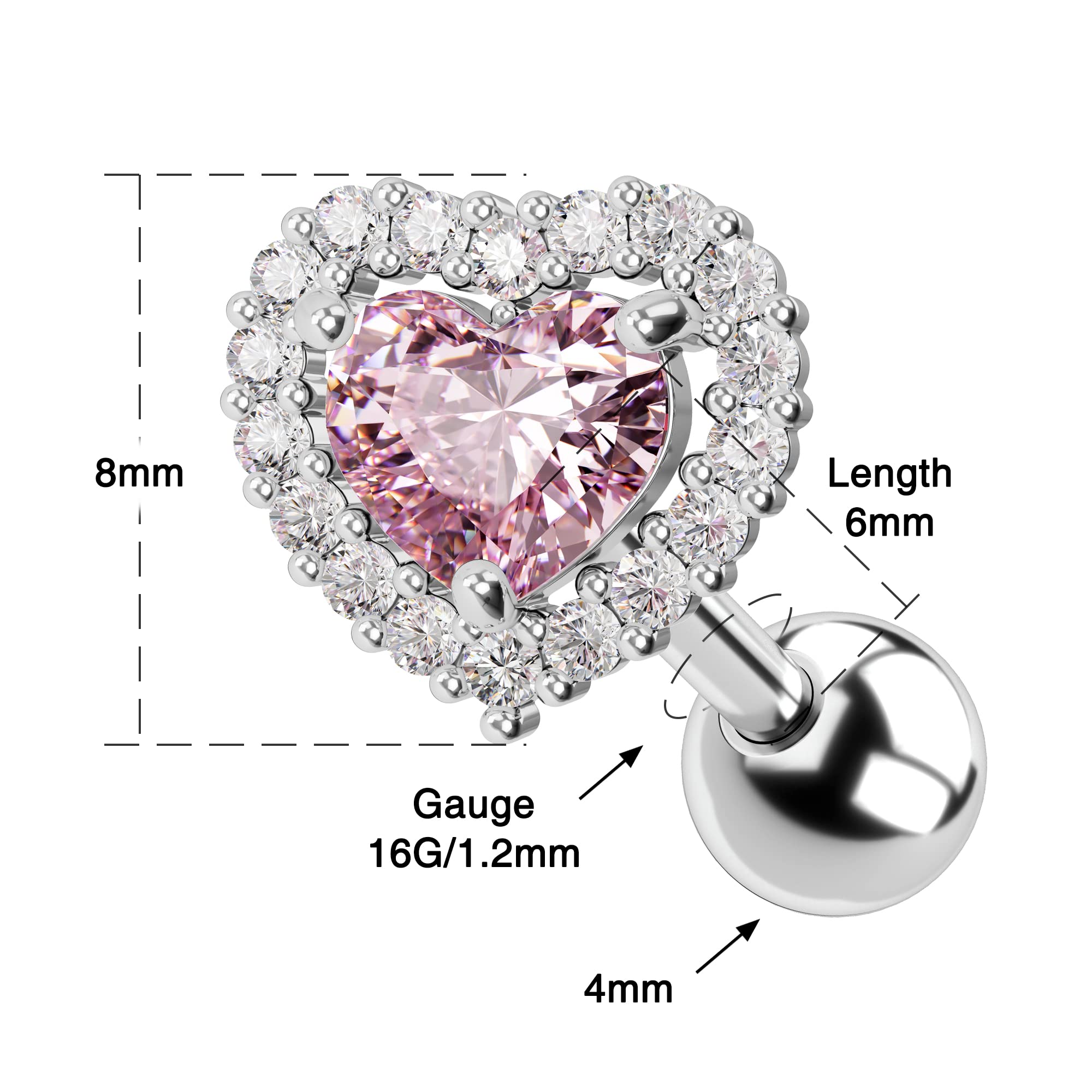 OUFER 16G Helix Earrings, Heart Shiny Clear CZ Helix Piercing Jewelry, 316L Surgical Steel Cartilage Earrings, Tragus Daith Rook Sung Lobe Piercing Jewelry For Women And Men-Pink CZ