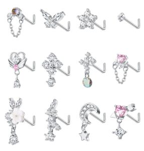 thunaraz 12pcs 20g dangle nose rings studs l shaped for women stainless steel nose studs cross cz butterfly heart flower dangling nose piercing jewelry