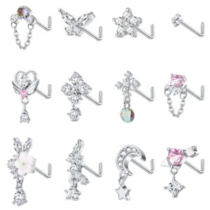 THUNARAZ 12Pcs 20G Dangle Nose Rings Studs L Shaped for Women Stainless Steel Nose Studs Cross CZ Butterfly Heart Flower Dangling Nose Piercing Jewelry