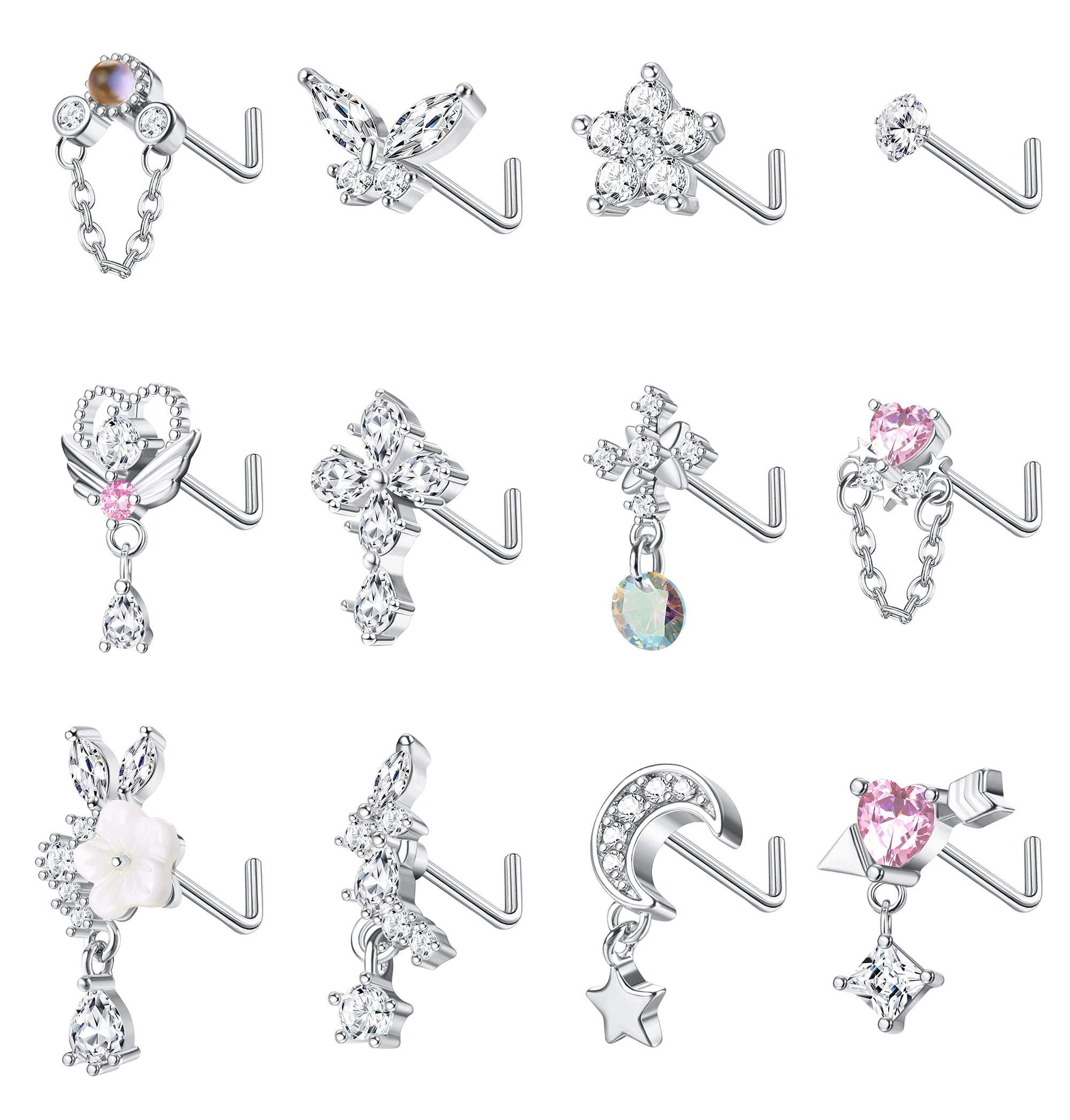 THUNARAZ 12Pcs 20G Dangle Nose Rings Studs L Shaped for Women Stainless Steel Nose Studs Cross CZ Butterfly Heart Flower Dangling Nose Piercing Jewelry