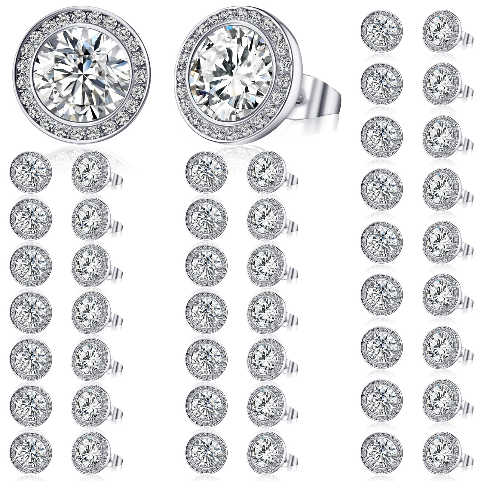 24 Pairs 15 mm Rhinestone Dance Earrings Competition Silver Crystals Stud Earrings Round Cut Cubic Zirconia Rhinestone Halo Stud Earrings for Women Stage Performance Bridal Party