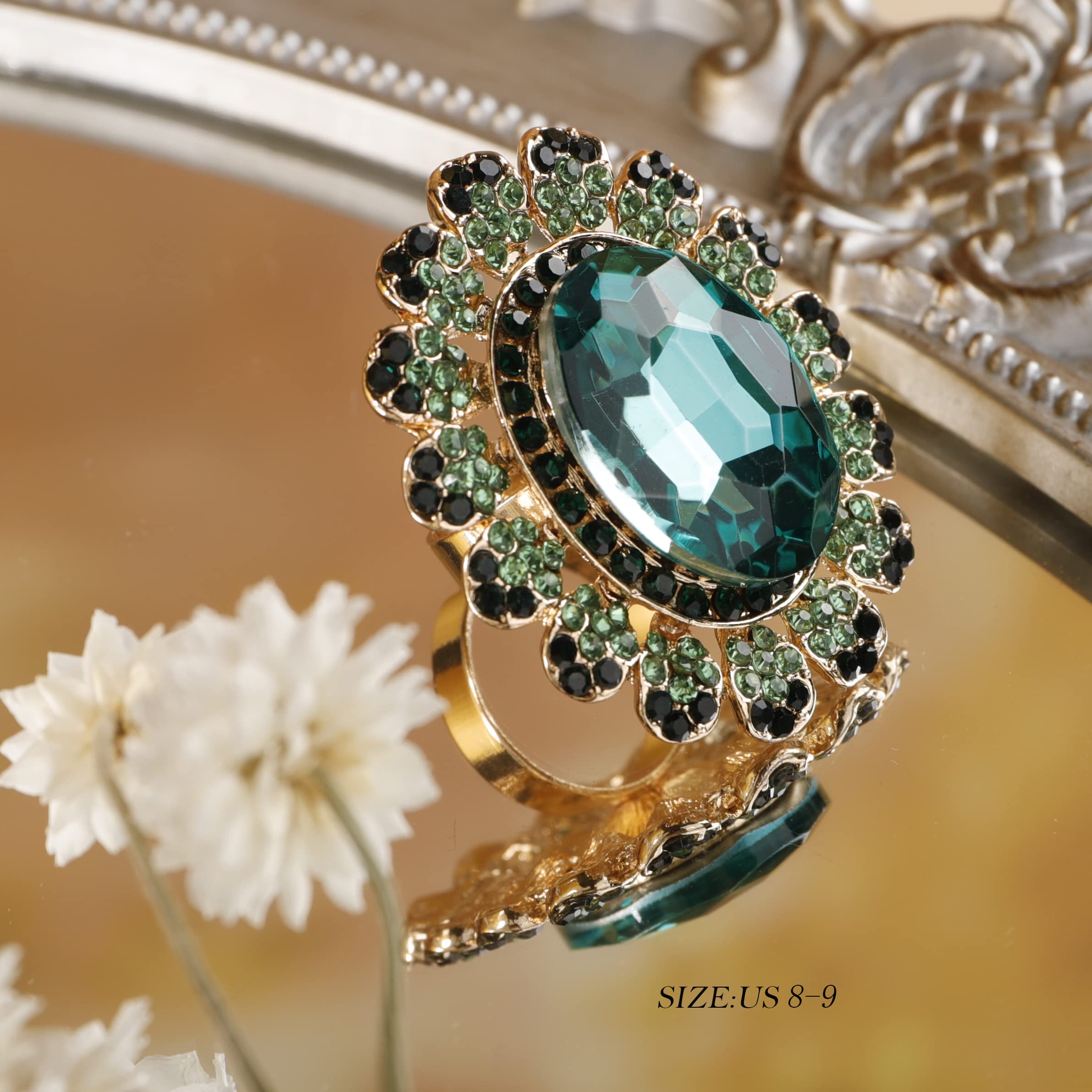 YERTTER Antique Gold Green Crystal Women Statement Ring Rhinestone Oval Ring Exaggerated Cocktail Ring Vintage Crystal Ring for Women Girls(Green）