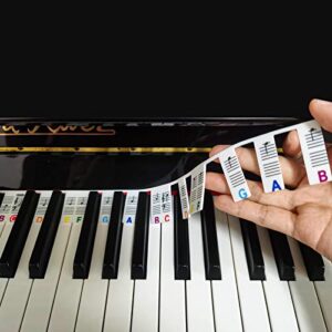 removable piano keyboard note labels, piano notes guide for beginner，piano key music notes letter label，88-key full-size， made of silicone no need stickers， reusable（rainbow colors)