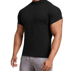 Men's Mock Turtleneck Short Sleeve Pullover Shirts Athletic Muscle Undershirt Thermal Top Black L