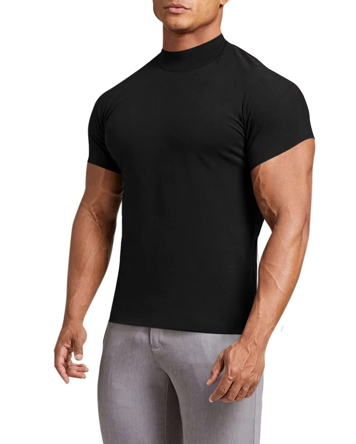 Men's Mock Turtleneck Short Sleeve Pullover Shirts Athletic Muscle Undershirt Thermal Top Black L