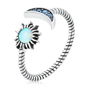 MUNDELL 925 Sterling Silver Big Opal Star and Moon Open Ring for Women Vintage Twisted Adjustable Stackable Ring Dazzling Statement Ring Fine Jewelry