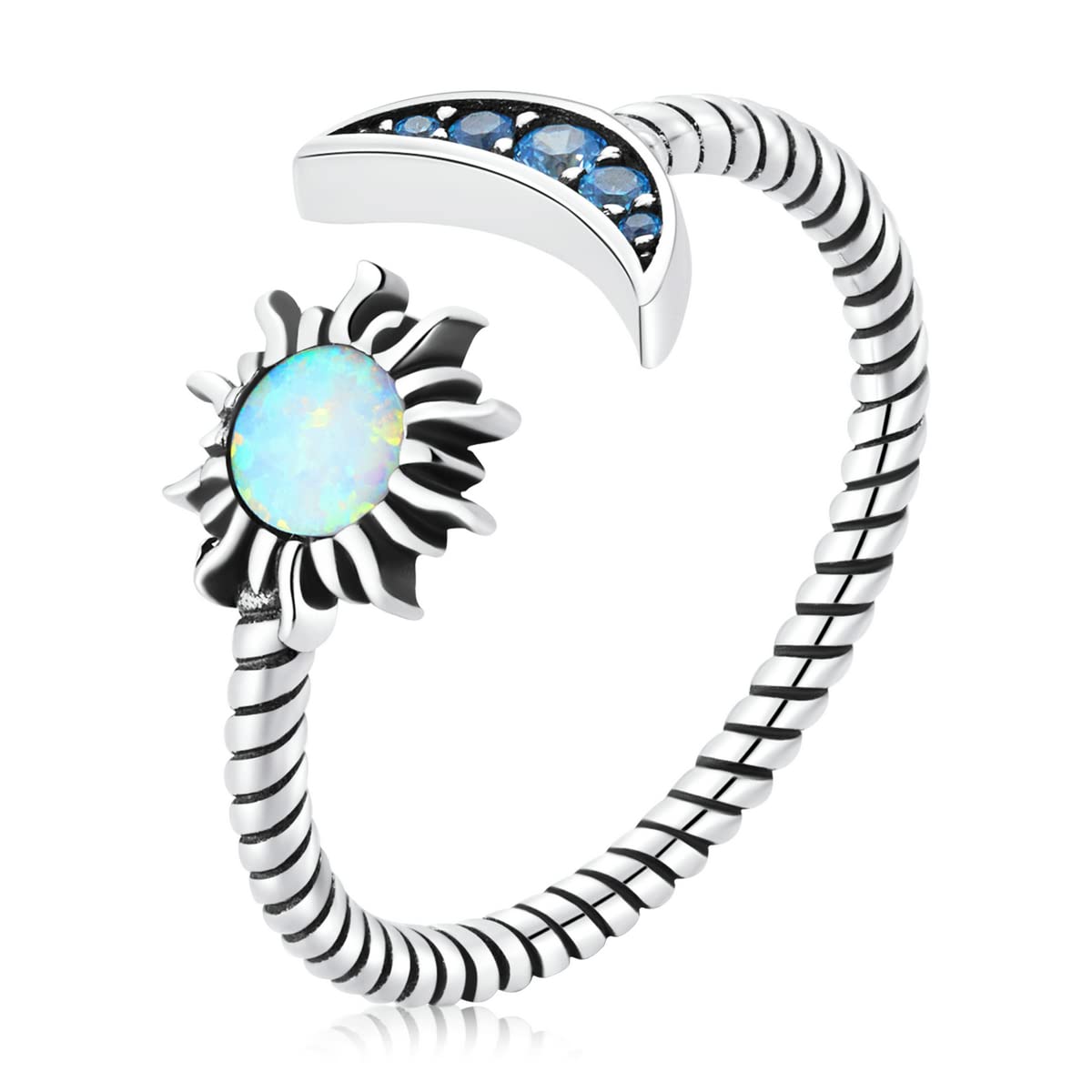 MUNDELL 925 Sterling Silver Big Opal Star and Moon Open Ring for Women Vintage Twisted Adjustable Stackable Ring Dazzling Statement Ring Fine Jewelry