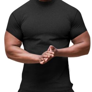 Men's Mock Turtleneck Short Sleeve Pullover Shirts Athletic Muscle Undershirt Thermal Top Black L