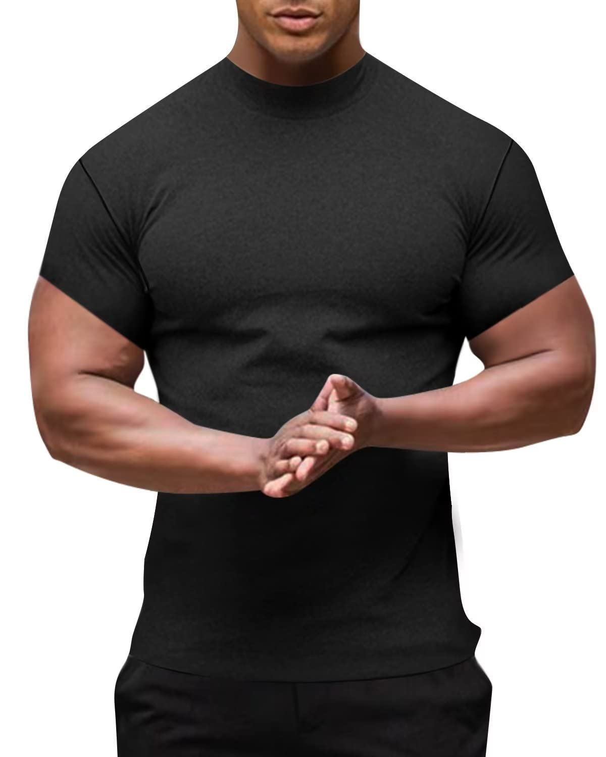 Men's Mock Turtleneck Short Sleeve Pullover Shirts Athletic Muscle Undershirt Thermal Top Black L