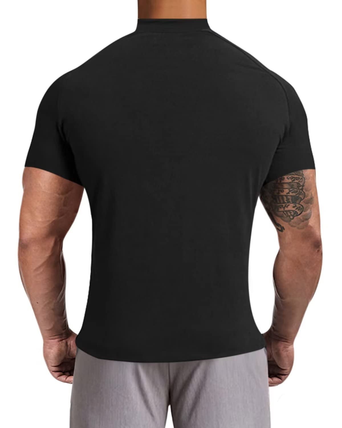 Men's Mock Turtleneck Short Sleeve Pullover Shirts Athletic Muscle Undershirt Thermal Top Black L