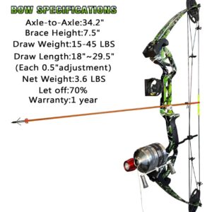 PANDARUS Bowfishing Bow Kit with Arrow Ready to Shoot Right Handed 15-45 LBS Draw Length 18"-29.5" Adjustable,Axle-to-Axle: 34.2",Complete Compound Bow Fishing Kit 2024 New（Black Left Handed）