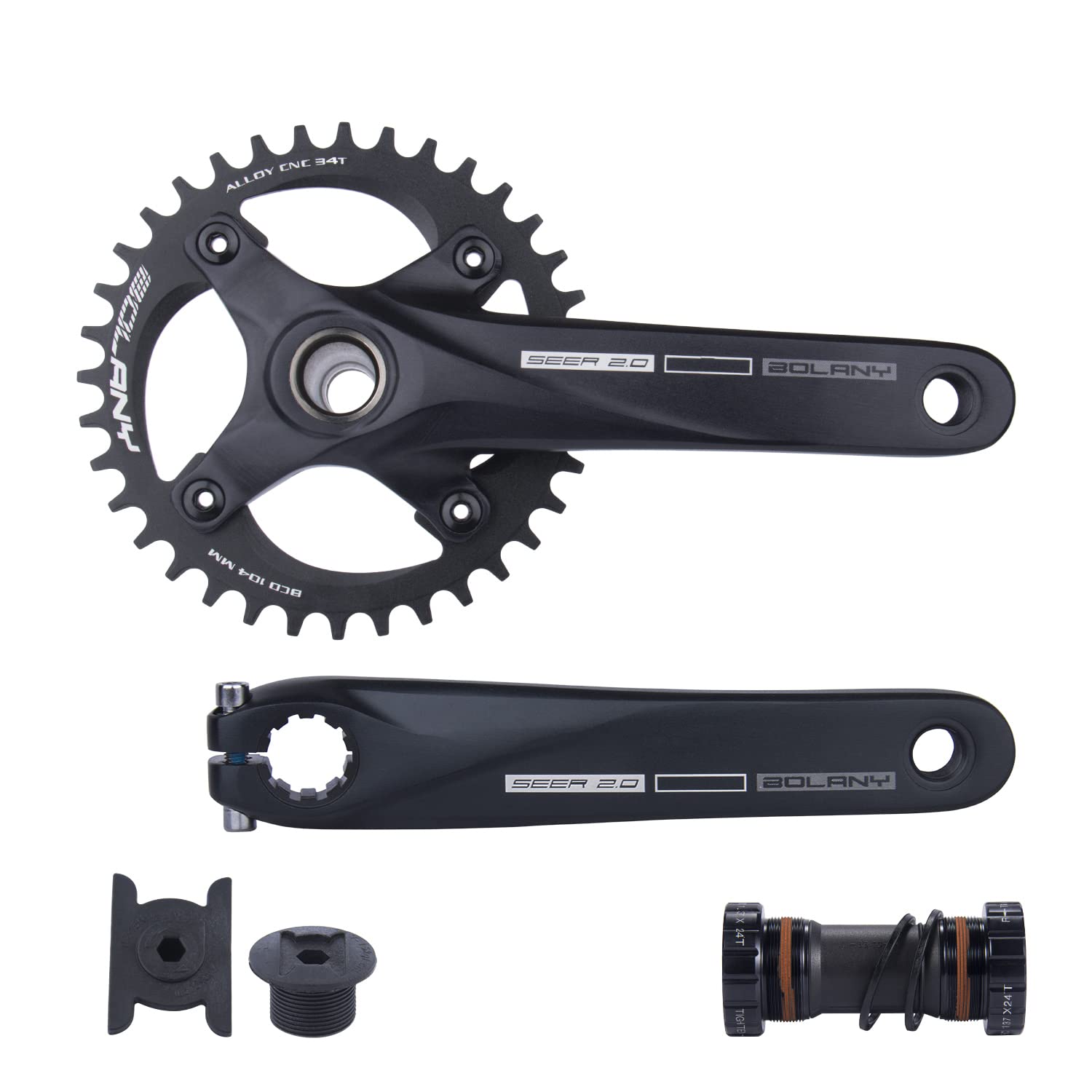 BOLANY Bike Cranksets 170mm Hollow Integrated 104BCD Single Speed Round Chainring 34T/36T MTB Crankset with Bottom Bracket (34T)