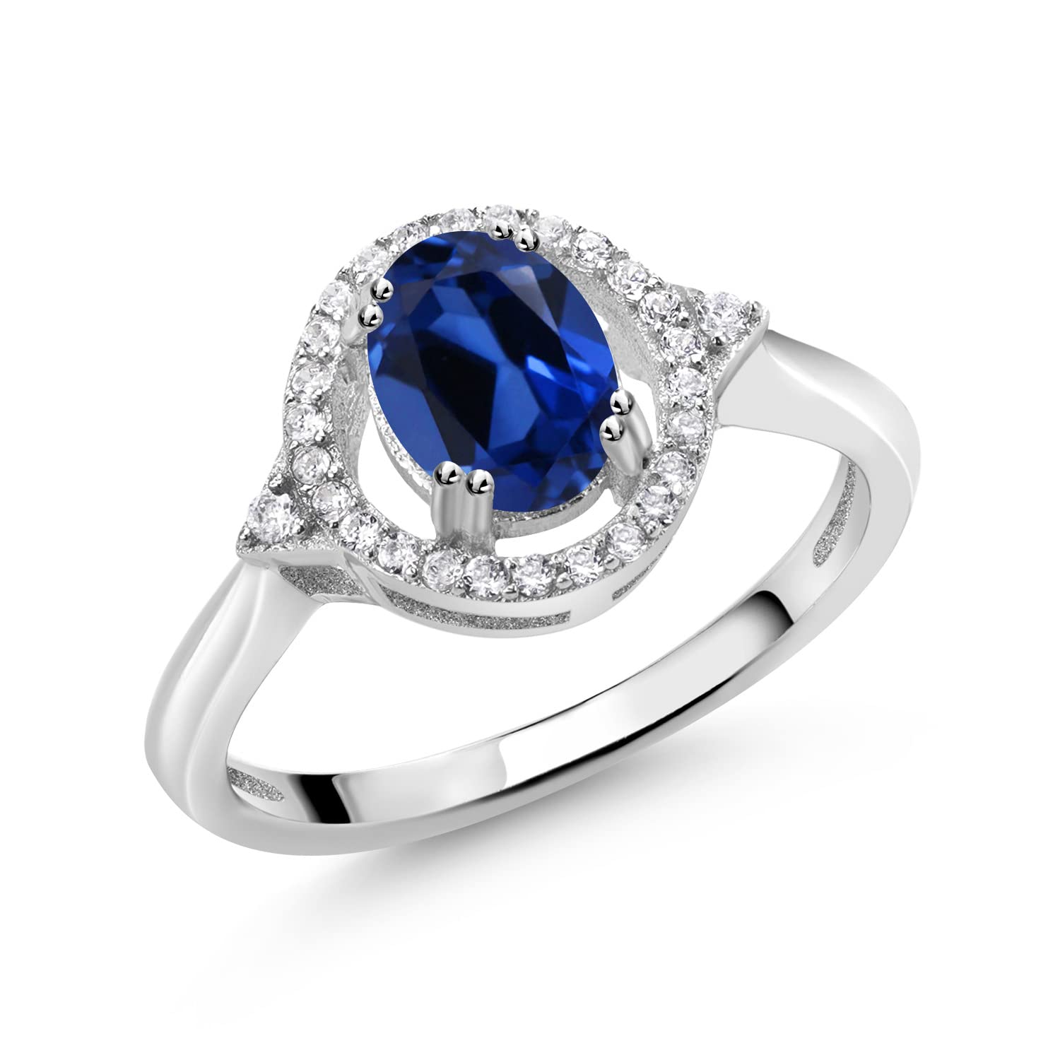 Gem Stone King 925 Sterling Silver Blue Created Sapphire Ring For Women (1.34 Cttw, Oval 7X5MM, Available In Size 5, 6, 7, 8)