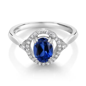 Gem Stone King 925 Sterling Silver Blue Created Sapphire Ring For Women (1.34 Cttw, Oval 7X5MM, Available In Size 5, 6, 7, 8)