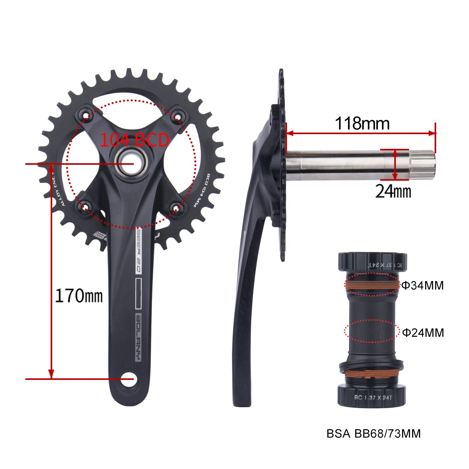 BOLANY Bike Cranksets 170mm Hollow Integrated 104BCD Single Speed Round Chainring 34T/36T MTB Crankset with Bottom Bracket (34T)