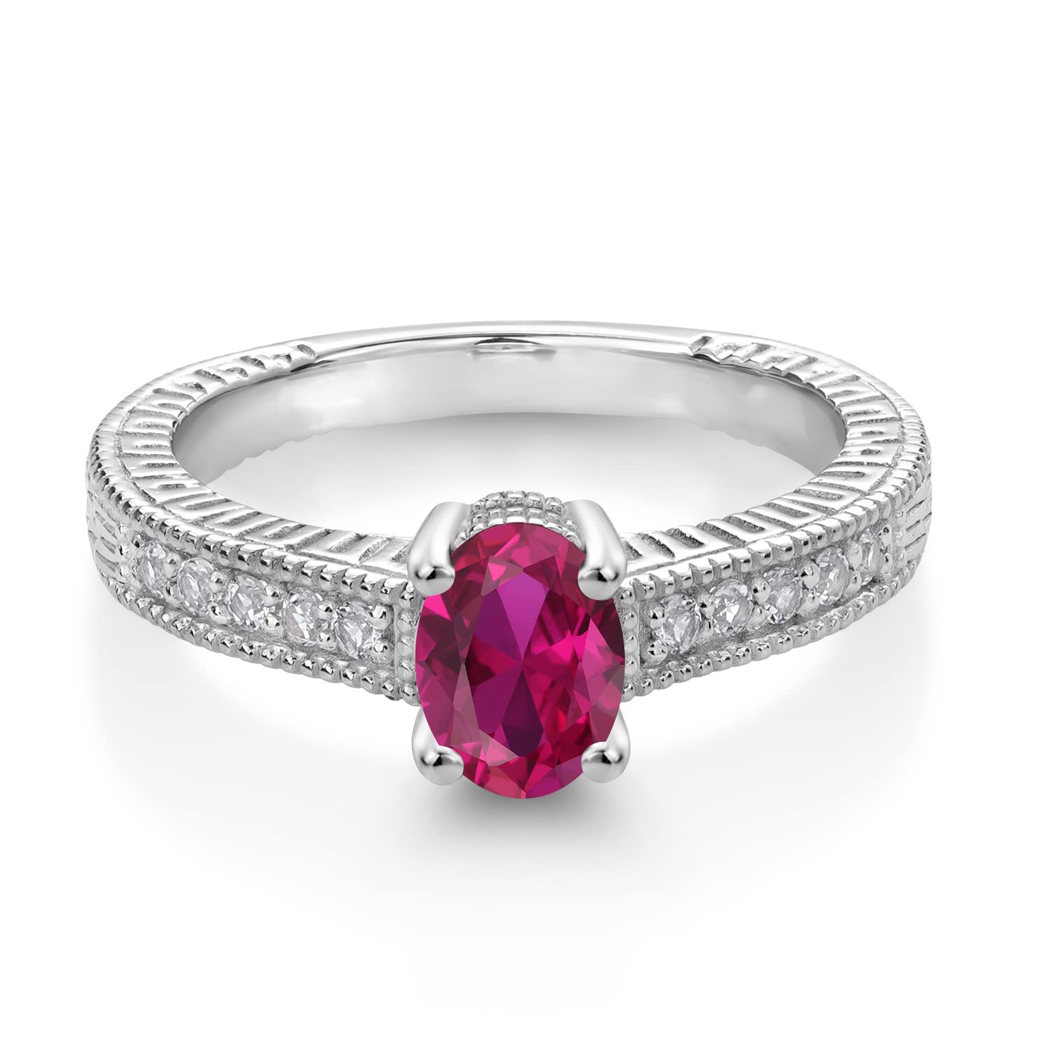 Gem Stone King 925 Sterling Silver Oval Red Created Ruby and White Moissanite Women Engagement Ring (1.00 Cttw, Available In Size 5, 6, 7, 8, 9)