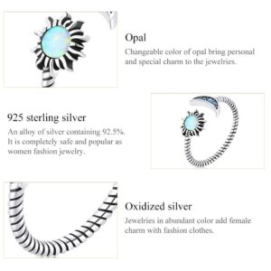 MUNDELL 925 Sterling Silver Big Opal Star and Moon Open Ring for Women Vintage Twisted Adjustable Stackable Ring Dazzling Statement Ring Fine Jewelry